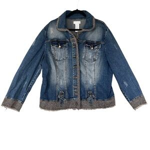 BABY PHAT Y2K Vintage Jean Jacket Tweed Trim Rhinestone Cat Bling Distressed 3X